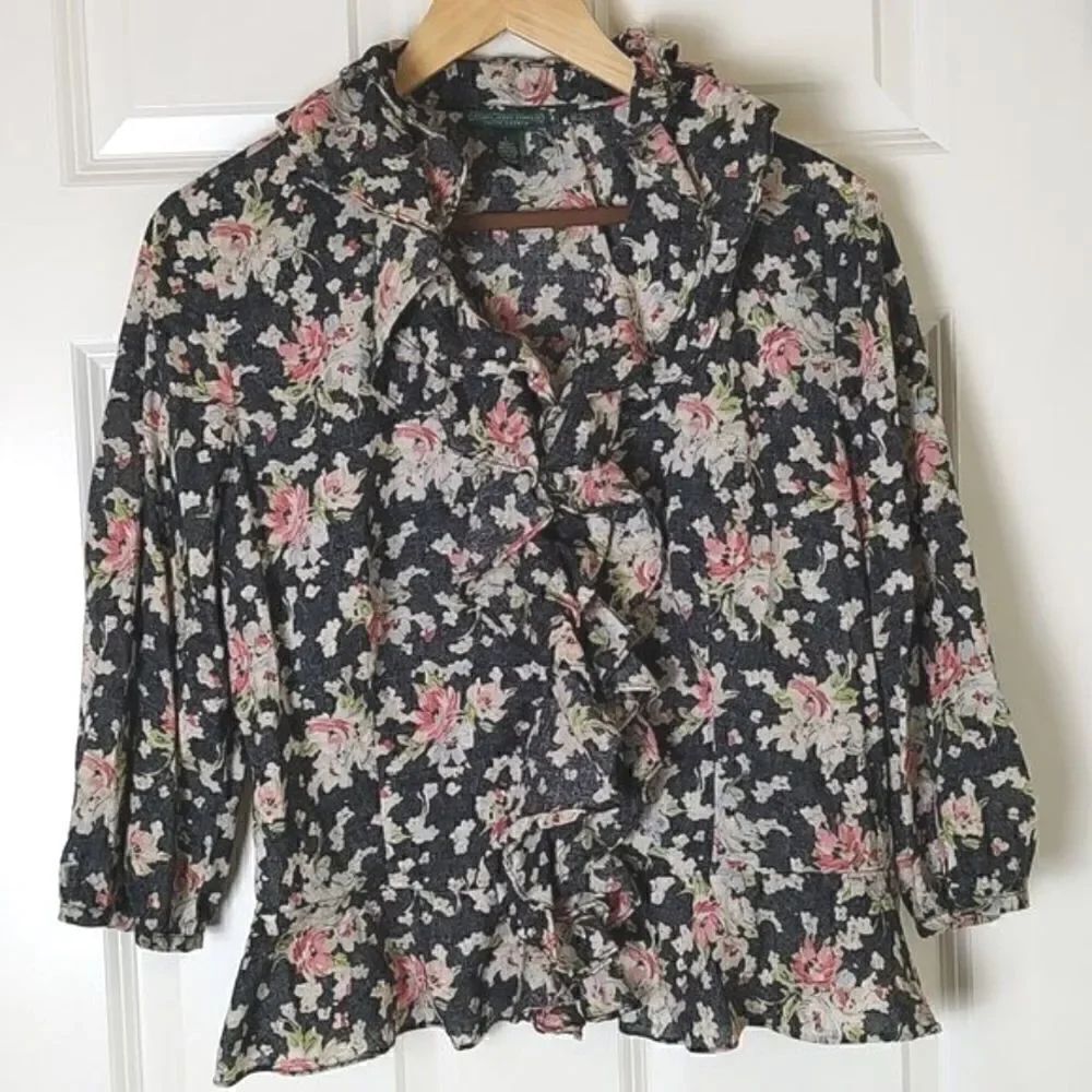 Lauren Jeans Company Black Floral 3/4 Length Sleeve Peplum Blouse Top Size L